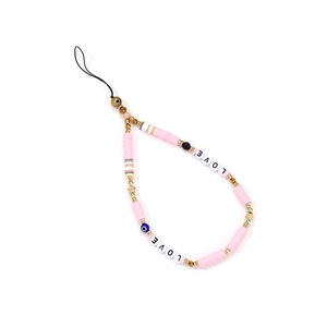 Pink clay beads and evil eye phone wrist strap with LOVE letter charms on white background