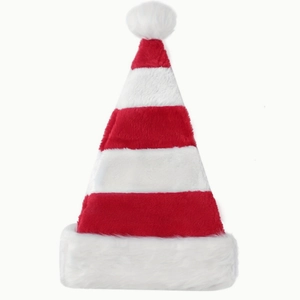 Detailed view of red and white striped plush Christmas hat with a soft white pompom