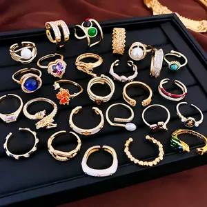 Luxury heart and letter zircon open rings set with vintage gold finish in a display box