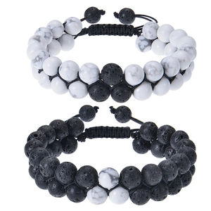 Detail of adjustable double-layer matte and tiger eye stone bead bracelets set