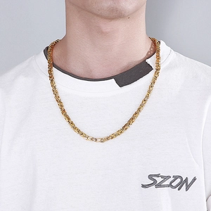 Men's vintage golden stainless steel Byzantine chain necklace shown on a model