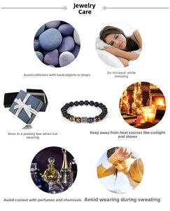 Detail of matte tiger eye bead bracelet with maintenance guide and blue jewelry gift box
