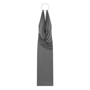 Ruched Halter Maxi Dress With Metal Ring Satiny Polyester Elegant Evening Party Style For Women Solid Grey