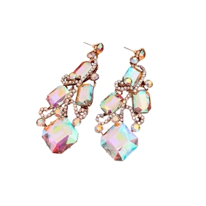 Luxurious geometric square earrings with rainbow crystal accents in a gold metal setting