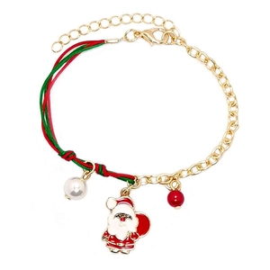 Christmas charm bracelet with Santa Claus pendant, pearls and festive woven red green chain