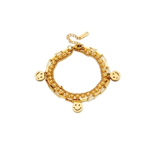 Double-layer golden stainless steel chain bracelet with beaded links and smiley pendants