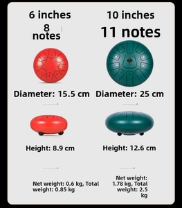 Size chart showing 6 and 10 inch steel tongue drum dimensions and technical specifications