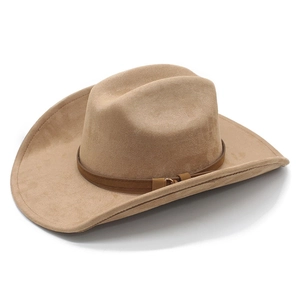 Detailed top view of light khaki suede cowboy hat with a dark brown leather belt buckle