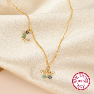Elegant 925 sterling silver gold-plated necklace with star and moon zircon pendants