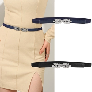 Women's Elastic Waist Cincher Belt with Silver Leaf Interlocking Clasp Narrow PU Leather Splicing Stretch Waistband for Dress