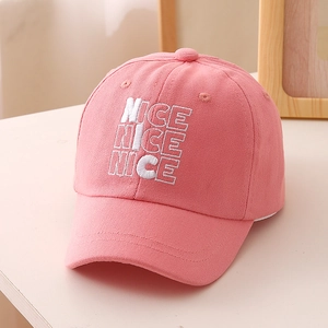 Close-up of pink cotton baseball cap featuring high-quality 3D NICE letter embroidery