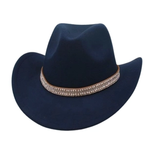 Detailed view of navy blue wool jazz hat featuring sparkling pearl and rhinestone trim