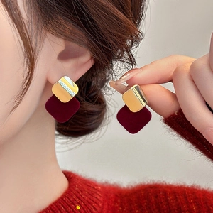 Vintage Geometric Square Stud Earrings For Women With Wine Red Flocking Brass And Silver Earring Post