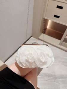 Elegant white satin evening clutch with 3D floral design and silver chain strap