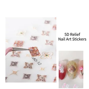 5D embossed nail art stickers with vintage floral and rabbit designs for manicure