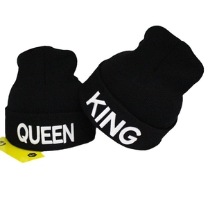 Matching KING and QUEEN 3D embroidered knit beanies for couples in black winter style
