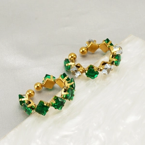 Gold plated titanium steel C-shape ring with green and white cubic zirconia stones
