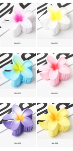 Detailed grid view showing six vibrant colors of matte 8cm plumeria flower hair claws