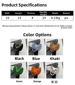 Infographic showing dimensions 25x15x8cm and six colors of this stylish PU shoulder bag
