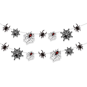 Halloween banner with black spiders and white spider webs for party decorations