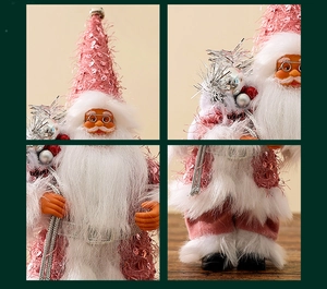 Detailed close-up of pink sequin Santa figurine with round glasses and silver gift bag