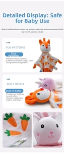 Detail of plush baby comforter with cute animal shapes, rattles, and fine carrot embroidery