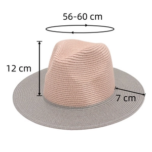 Detailed size specifications for the two-tone straw hat with pink crown and grey brim