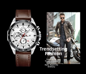 Detail view of VA VOOM men's watch with brown leather strap and silver chronograph dial