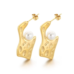 Gold stainless steel irregular geometric earrings with white pearl accents and hammered texture