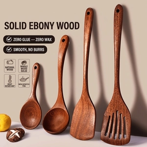 Ebony Wood Kitchen Utensils Spatula And Ladle And Spoon Heat Resistant Non-Stick Long Handle Cooking Tools For Home