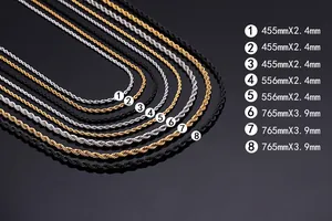 Tableau des tailles détaillé pour colliers torsadés en acier inoxydable divers