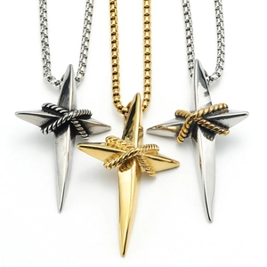 Punk Four Pointed Star Cross Pendant Necklace Men Stainless Steel With Rope Knot Retro Gothic Jewelry Fashion Accessory