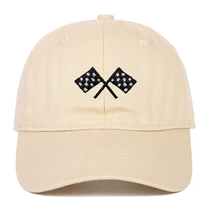 Classic light beige cotton baseball cap with checkered racing flag embroidery on front