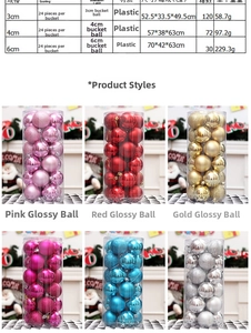 Size chart showing 3cm, 4cm, and 6cm Christmas ball ornaments in 24-piece tubes