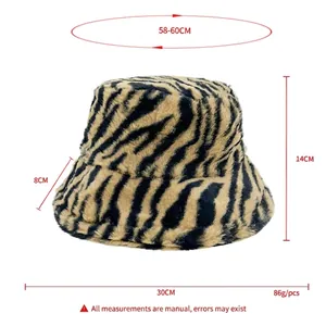 Faux fur tiger print bucket hat with dimensions 58-60cm head circumference for winter warm