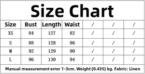 Size chart for women's linen-style sleeveless V-neck maxi dress with detailed measurements