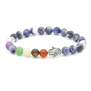 Mens handmade natural volcanic stone beaded bracelet with silver Hamsa hand charm and chakra beads