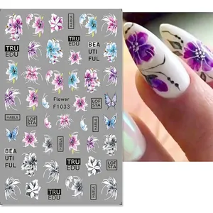 Self-adhesive floral nail stickers with watercolor tulips, butterflies and flower designs