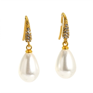 Elegant gold earrings with micro-inlaid rhinestones and white teardrop pearls