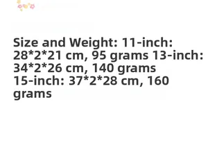 Size chart for embroidered laptop sleeve showing 11, 13, and 15 inch dimensions and weight