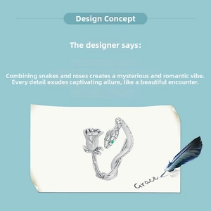 Artistic design sketch of snake and rose open ring with green gemstone accents