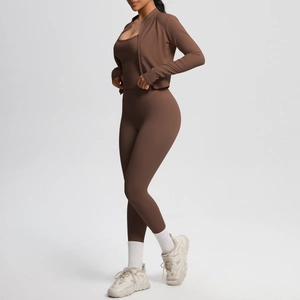 Three-piece chocolate brown yoga set featuring jacket, sports bra, and high-waist leggings