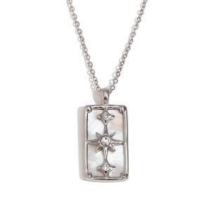 Octagonal star tarot pendant necklace in silver with mother of pearl and rhinestones
