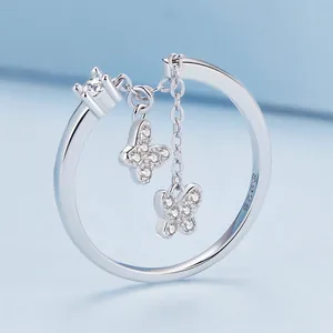 S925 sterling silver butterfly chain open ring with sparkling cubic zirconia stones