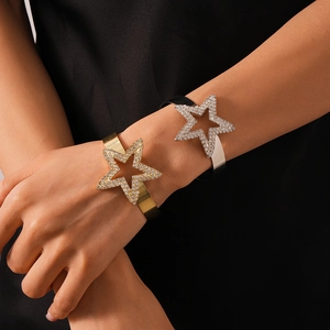 Luxury metal open bangle with sparkling rhinestone star designs in gold and silver