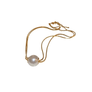 Elegant gold plated double layer snake chain necklace with a white pearl pendant