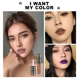Matte liquid lipstick set in nude, deep red, and purple shades by Dragon Ranee brand