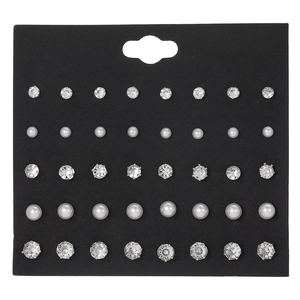20 pairs of stud earrings set with white pearls and clear crystals on a black display card