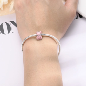 Pink enamel car charm bead on silver snake chain bracelet for DIY jewelry styles