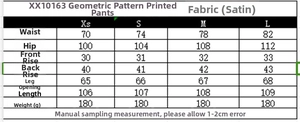 Größentabelle für Satinhose mit geometrischem Muster, Taillen- und Längenangaben in cm